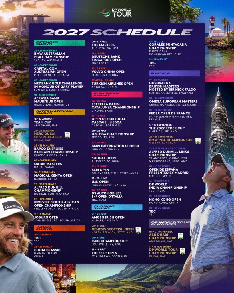 Der DP World Tour Kalender 2027. Es fehlen die Austrian Alpine Open. Stand: September 2026. Bild: DP WT / Facebook.